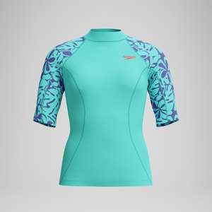 Bedrucktes kurzärmliges Rash-Top Türkis für Damen