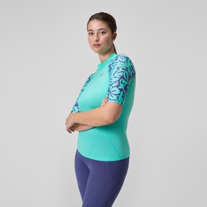 Bedrucktes kurzärmliges Rash-Top Türkis für Damen