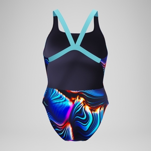 Maillot de bain Femme Club Training Leaderback imprimé noir/bleu