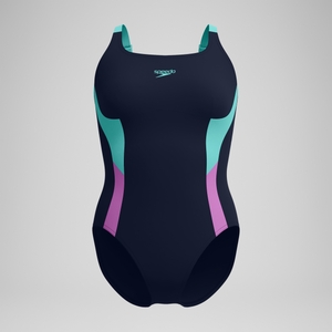 Formender einfarbiger Splice-Badeanzug Marineblau/Grün für Damen