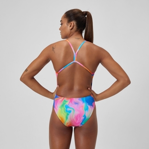 Club Training Bedruckter Badeanzug mit V-Rückenausschnitt Pink/Gelb für Damen