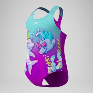 Maillot de bain Fille imprimé numérique violet/turquoise