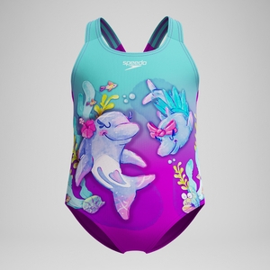 Maillot de bain Fille imprimé numérique violet/turquoise