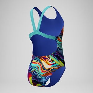 Maillot de bain Fille Powerback imprimé numérique bleu/violet