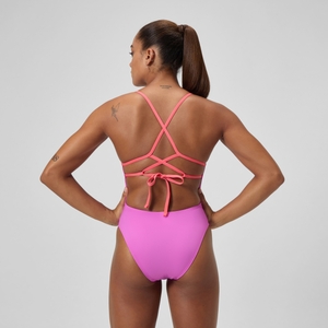 Women's Club Training Solid Lattice Tie Back Swimsuit Pink/Coral