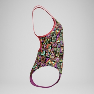 Girls' Club Training Printed V Back Swimsuit Black/Coral