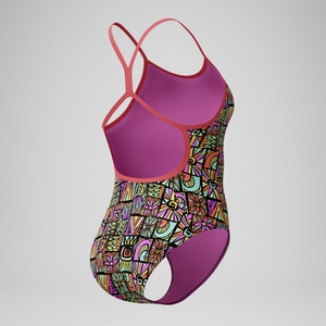 Girls' Club Training Printed V Back Swimsuit Black/Coral