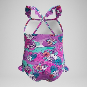 Bedruckter Schwimmlern-Rüschen-Badeanzug mit dünnen Trägern Pink für Kleinkinder (Mädchen)