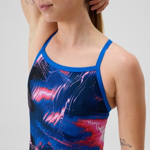 Damen Club Training Turnback Badeanzug mit Print Blau/Pink