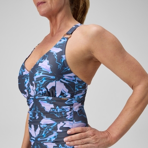 Maillot de bain Femme galbant à col V imprimé violet/gris