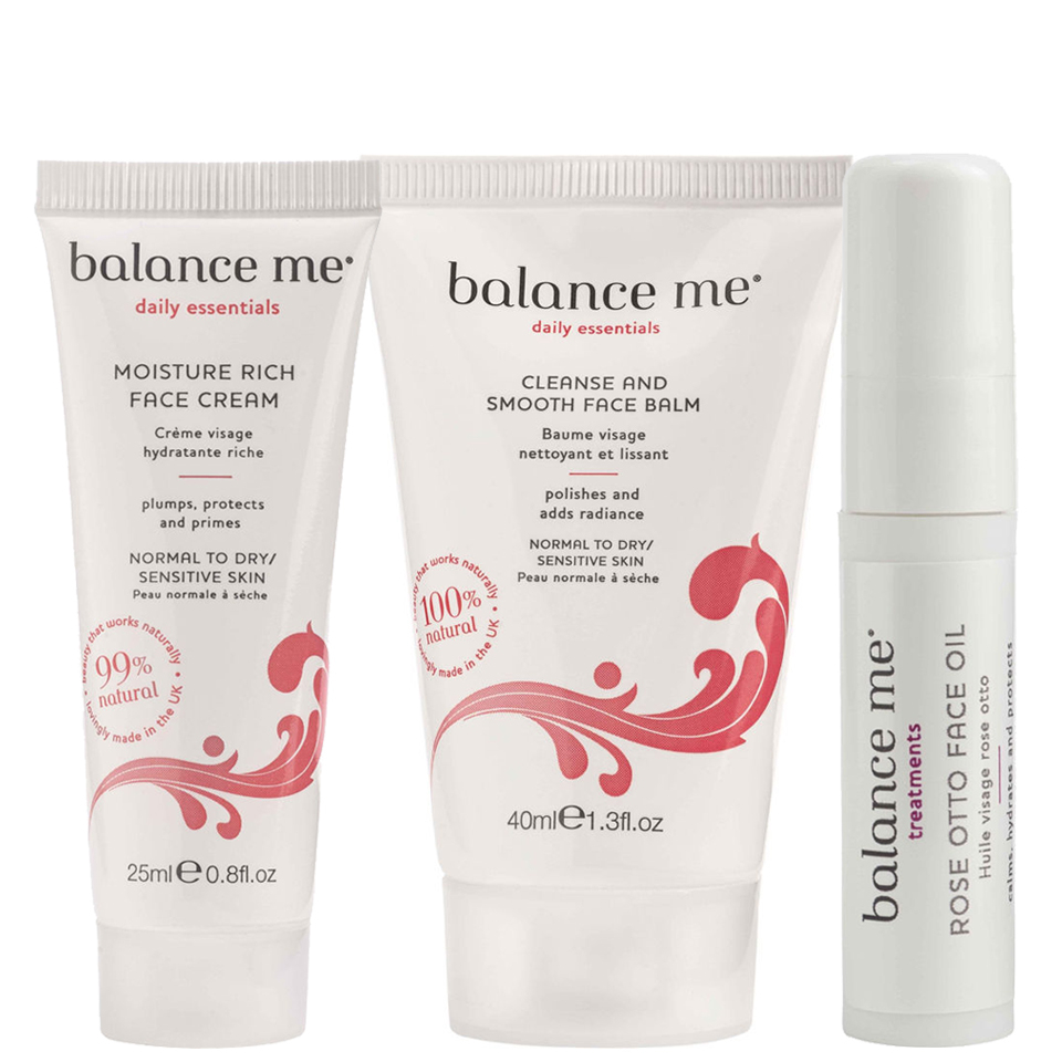 Balance Me Cleanse and Smooth Balm (40ml), Moisture Rich Face Cream (25ml), Rose Otto Face Oil (5ml)