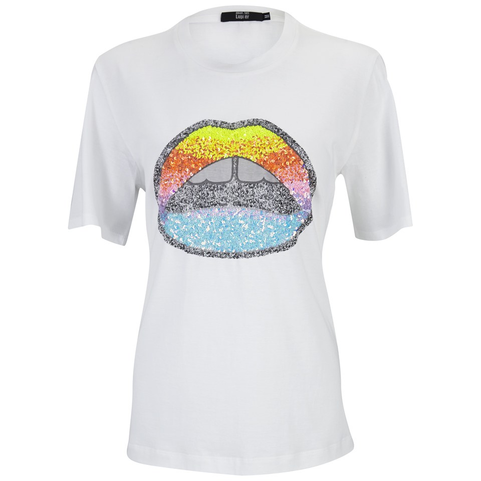 送料無料 店舗 Markus Lupfer T-Shirt Lip Sequin Rainbow Glitter Women's Tシャツ(半袖+袖なし)