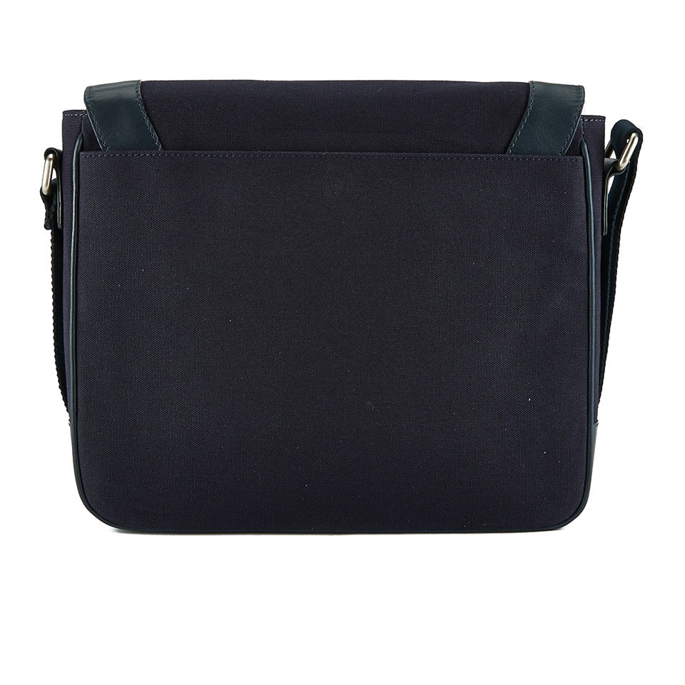DKNY Men's Waxed Canvas and Leather Messenger with Embossed Logo - Dress Blue