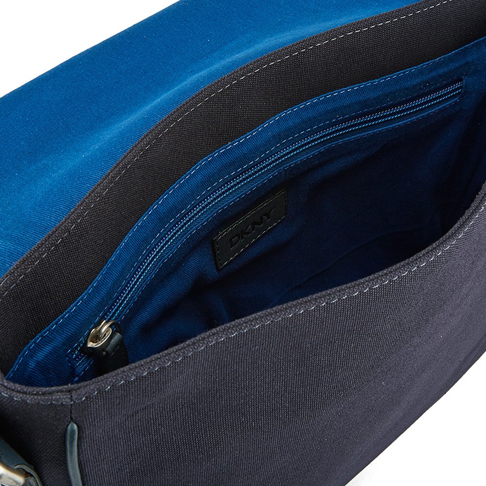 DKNY Men's Waxed Canvas and Leather Messenger with Embossed Logo - Dress Blue