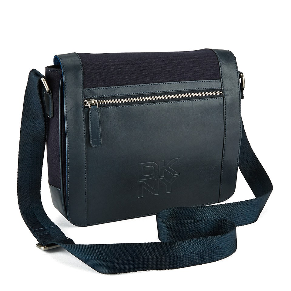 DKNY Men's Waxed Canvas and Leather Messenger with Embossed Logo - Dress Blue