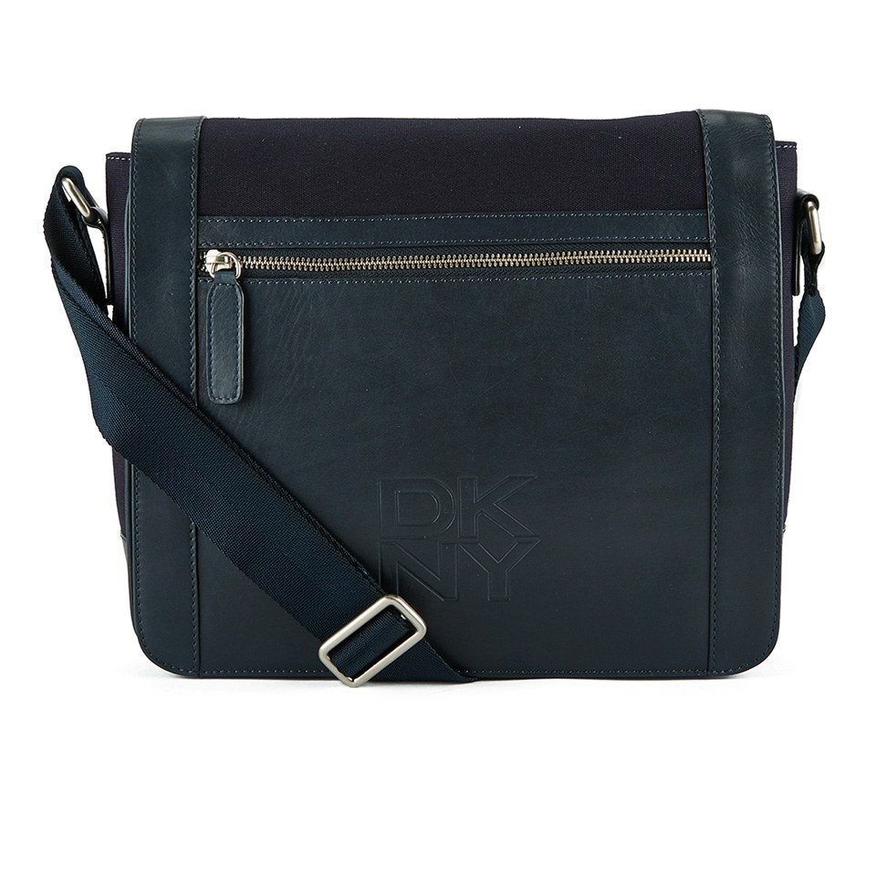 DKNY Men's Waxed Canvas and Leather Messenger with Embossed Logo - Dress Blue