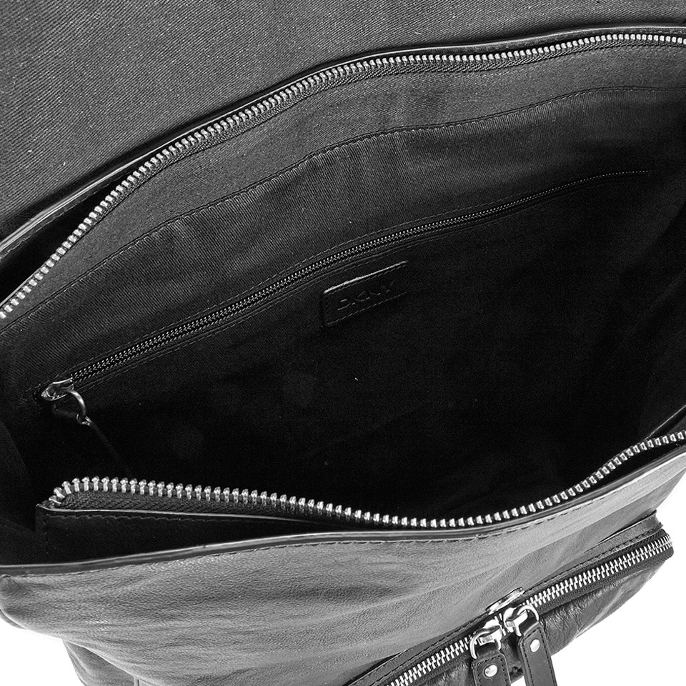 DKNY Men's Leather Backpack with Rivet Detail and Embossed Logo - Black