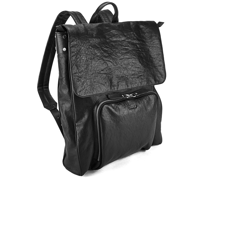 DKNY Men's Leather Backpack with Rivet Detail and Embossed Logo - Black
