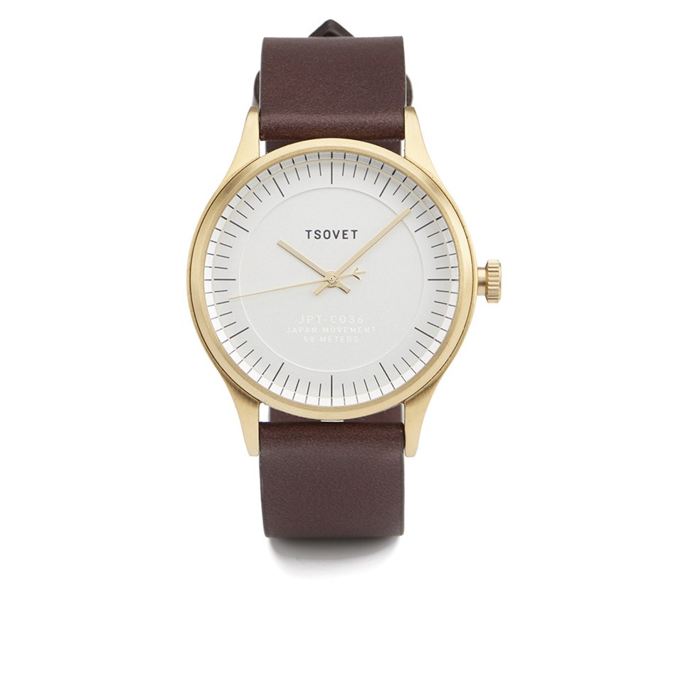 Tsovet Men's Simple Gold Face Leather Strap Watch - Brown