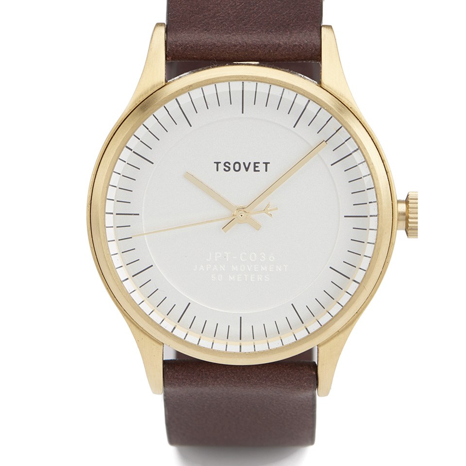 Tsovet Men's Simple Gold Face Leather Strap Watch - Brown
