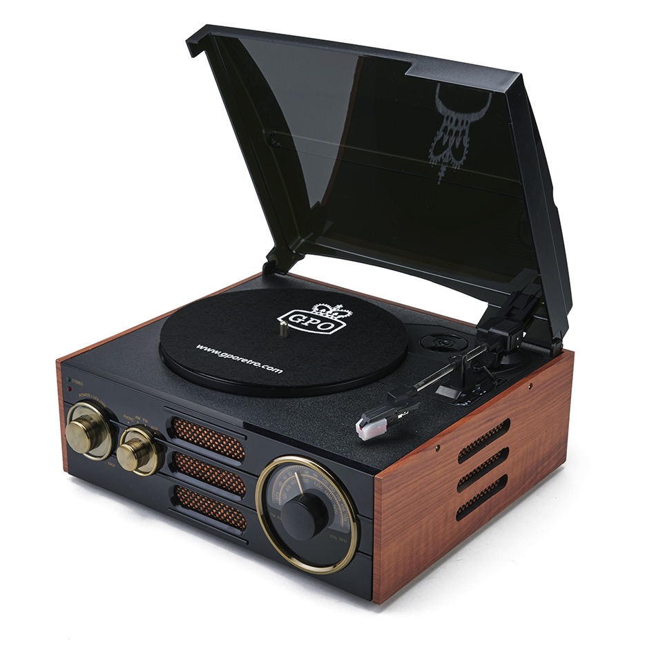 GPO Retro Empire Classic Vintage Style 3-Speed Record Player Turntable with Radio and Built-In Speaker - Black/Brown