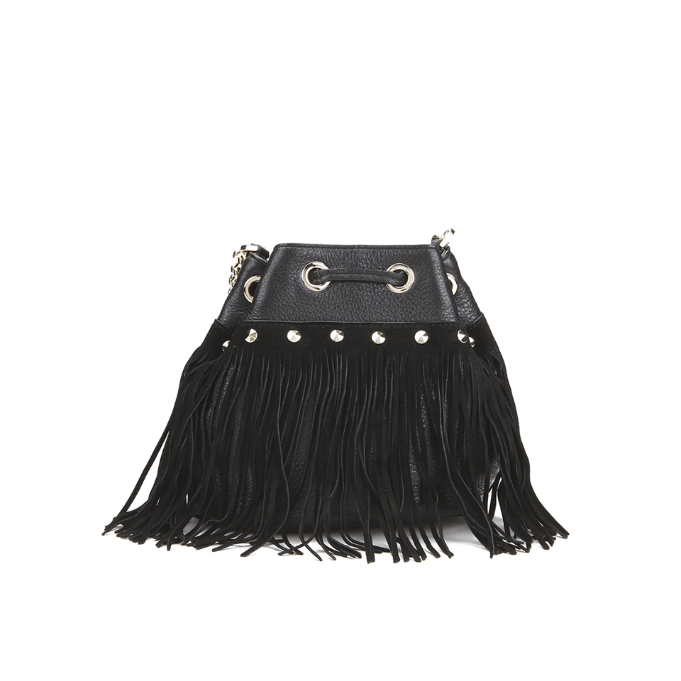 Diane von Furstenberg Women's Voyage Boho Disco Fringe Leather Bucket Bag - Black