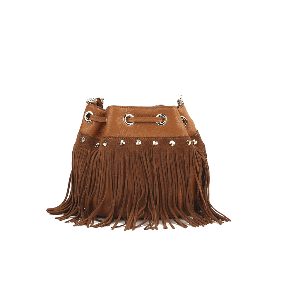Diane von Furstenberg Women's Voyage Boho Disco Fringe Leather Bucket Bag - Tan