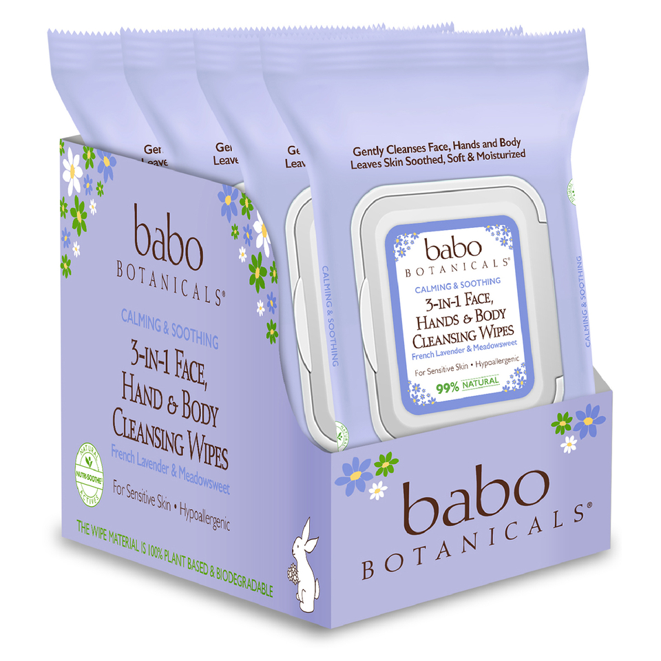 Babo Botanicals 3-in-1 Calming Face, Hand, Body Wipes - Lavender & Meadowsweet (4 Pack)
