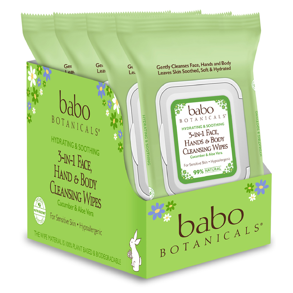 Babo 3-in-1 Hydrating Face, Hand, Body Wipes - Cucumber & Aloe Vera (4 Pack)