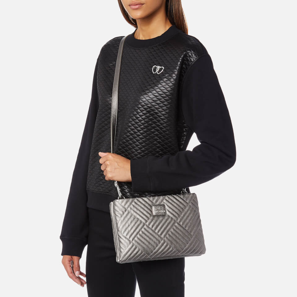 Love Moschino Women's Shiny Quilted Metallic Flat Cross Body Bag - Pewter