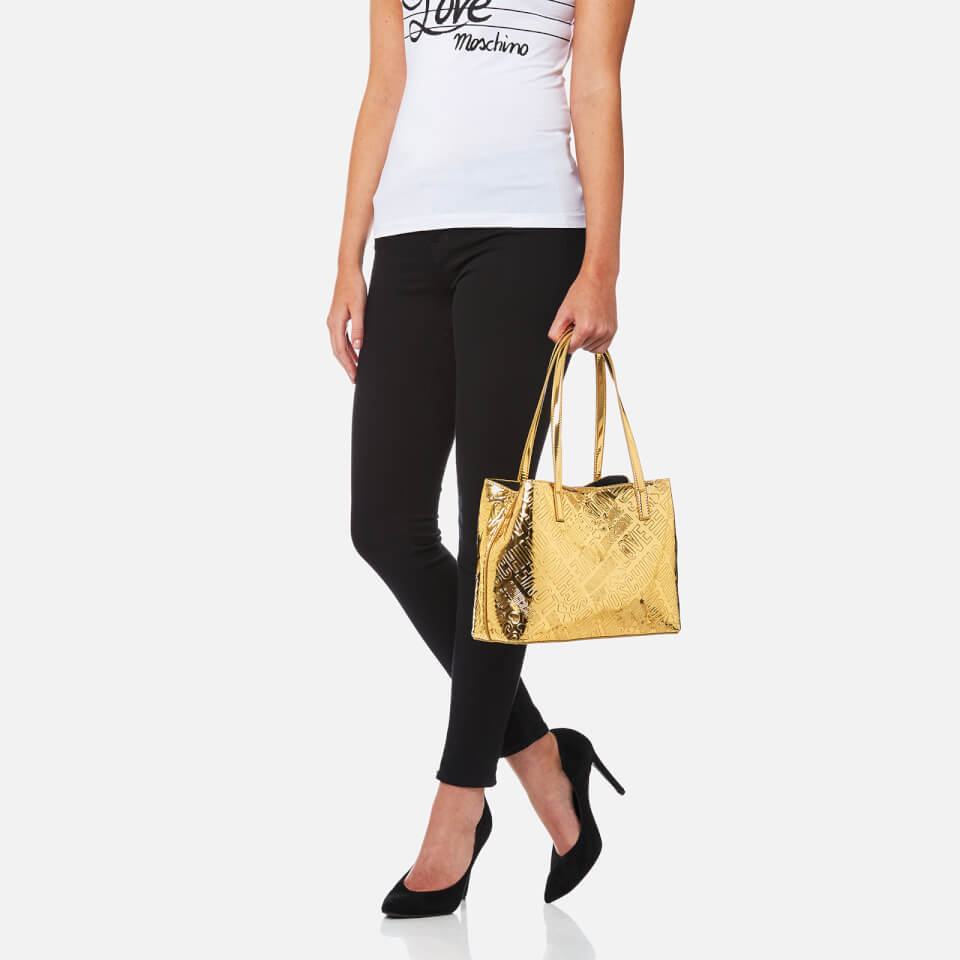 Love Moschino Women's Metallic Embossed Small Logo Tote Bag - Gold