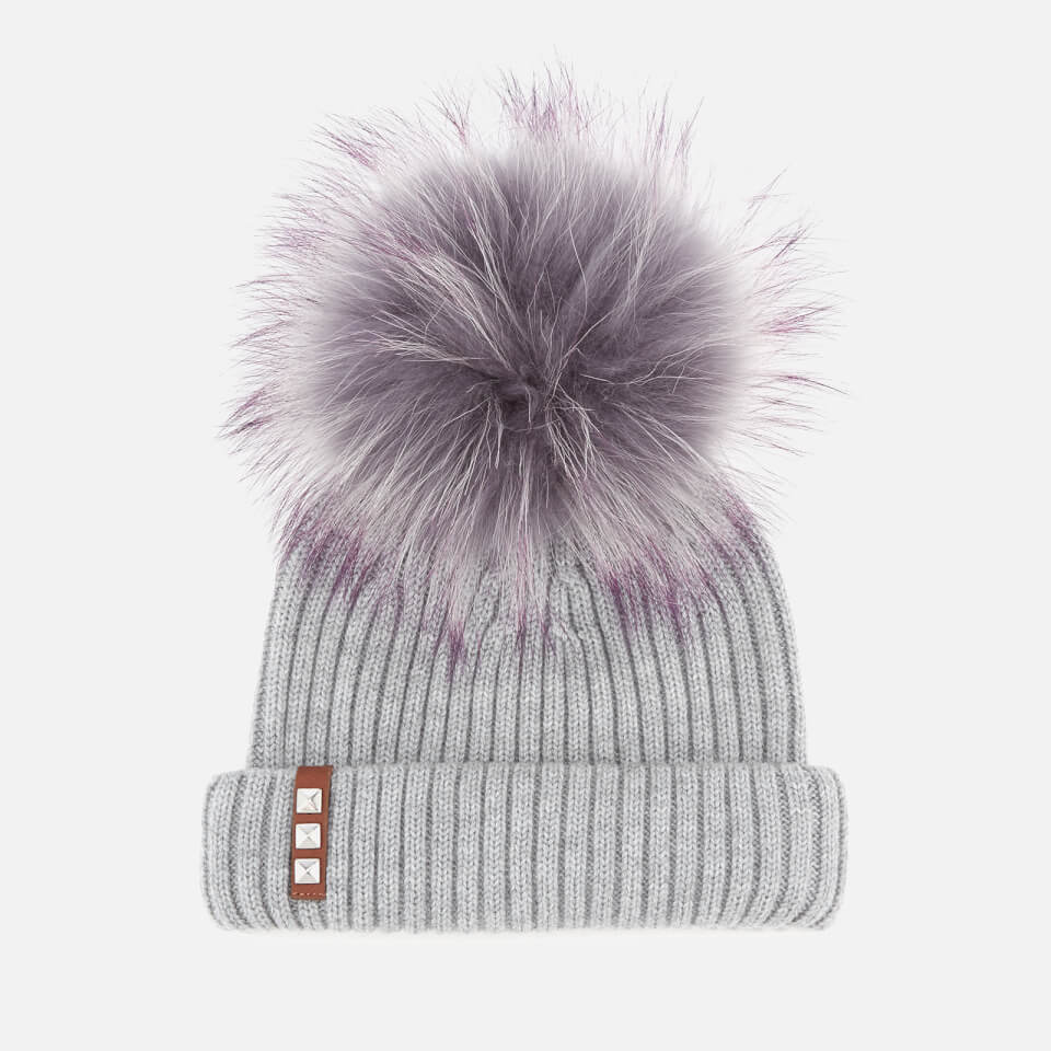BKLYN Women's Merino Wool Hat with Grey/Purple Pom Pom - Light Grey