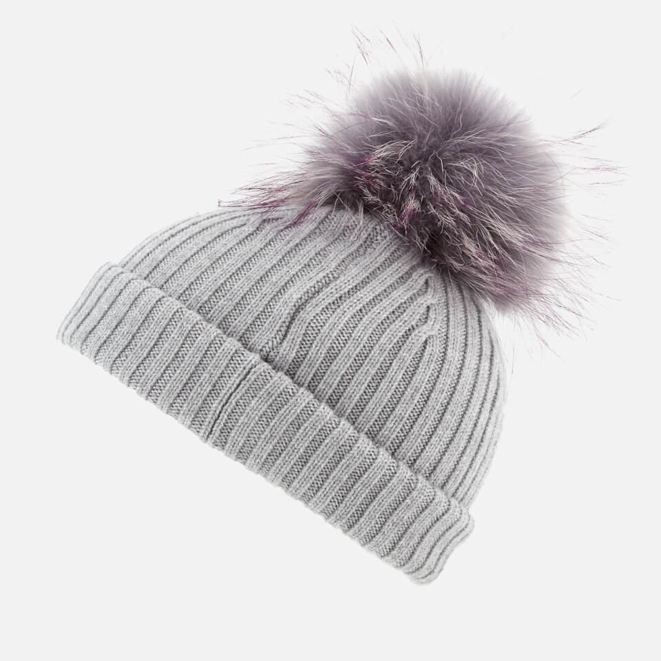 BKLYN Women's Merino Wool Hat with Grey/Purple Pom Pom - Light Grey