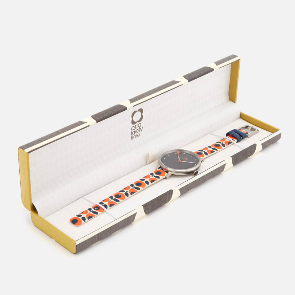 Orla Kiely Women's Ivy Print Leather Watch - Navy/Orange