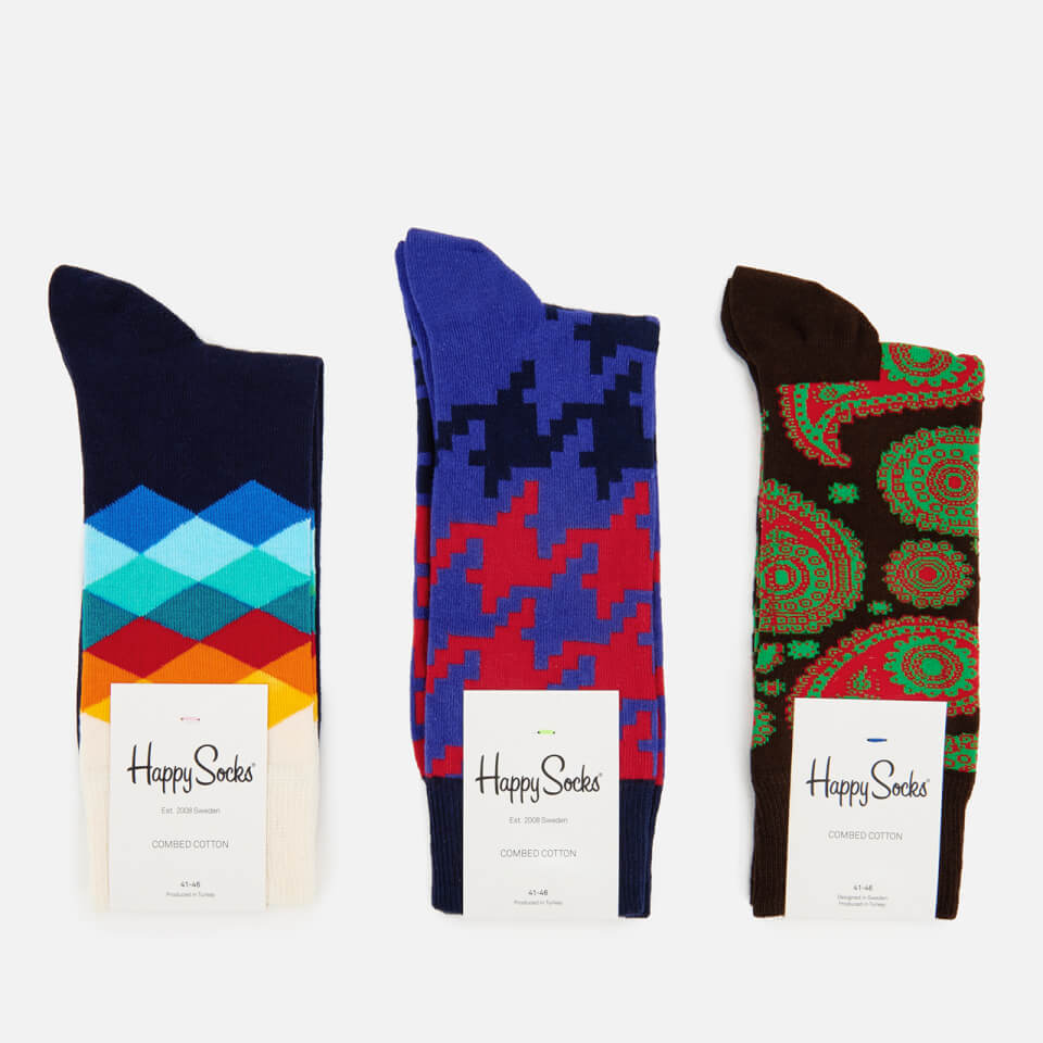 Happy Socks Mens Patterned 3 Pack Socks - Multi - UK 7.5-11.5