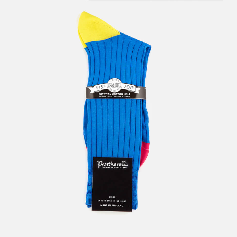 Pantherella Men's Portobello Contrast Heel and Toe Cotton Socks - Bright Blue