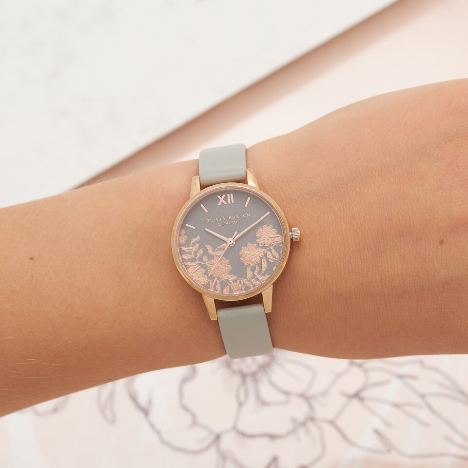 Olivia Burton Women's Lace Detail Watch - Grey/Rose Gold