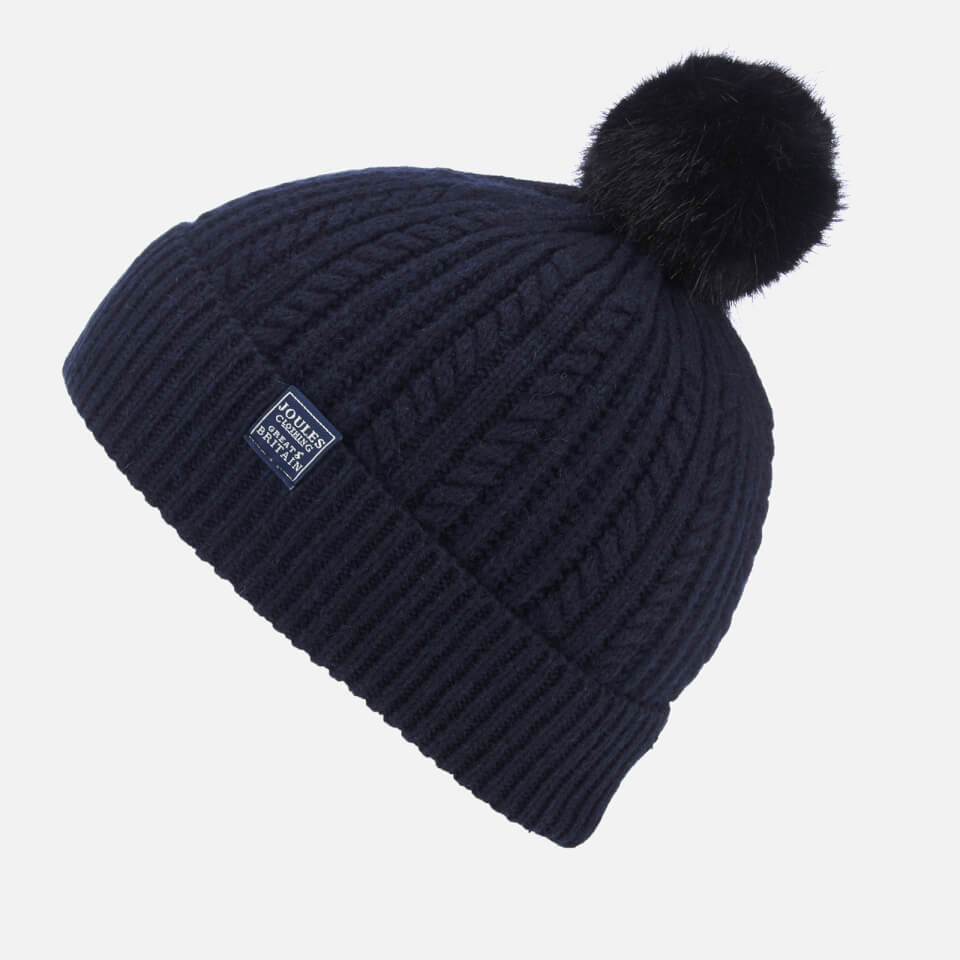 Joules Women's Bobble Hat Fine Cable with Faux Fur Pom - French Navy