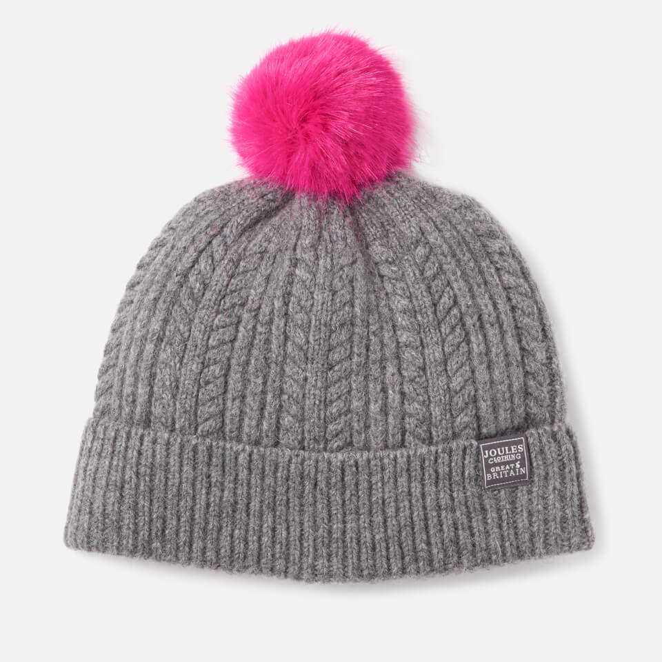 Joules Women's Bobble Hat Fine Cable with Faux Fur Pom - Dark Grey