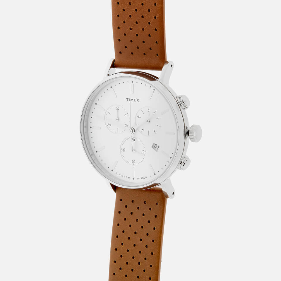 Timex Men's Fairfield Chronograph Leather Strap Watch - Silver-Tone/Tan/White