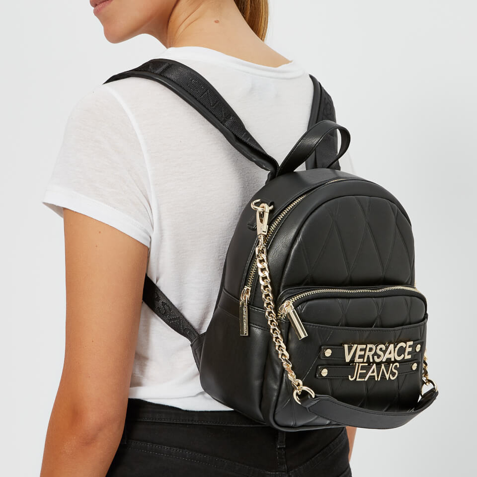 Versace Jeans Women's Quilted Logo Backpack with Chain Detail - Black