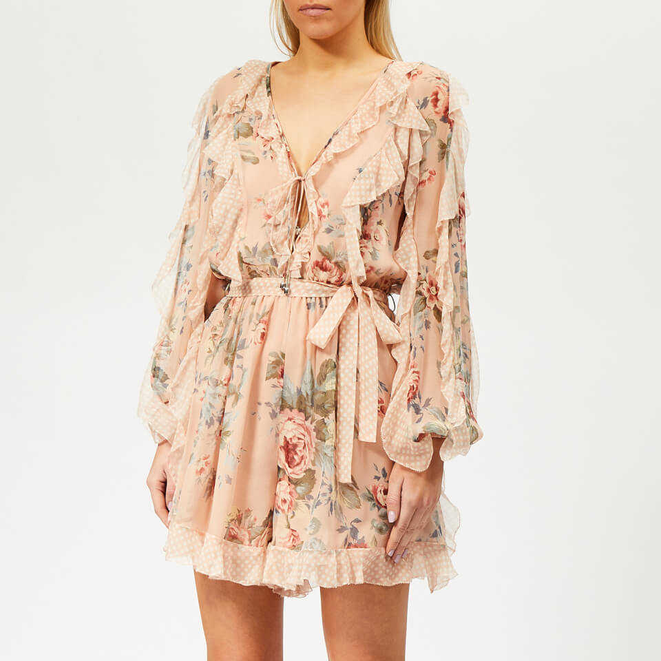 Zimmermann Women s Bowie Frill Playsuit Peach Floral Coggles