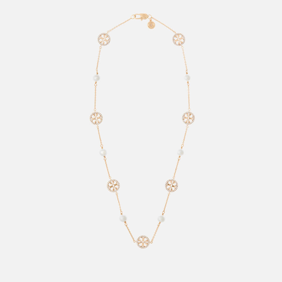 Tory Burch Women's Crystal Pearl Logo Necklace - Gold/Crystal