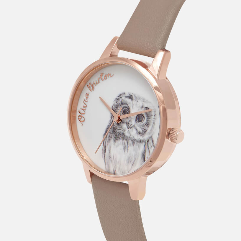 Olivia Burton Women's Illustrated Animals Owl Motif Watch - Iced Coffee and Rose Gold