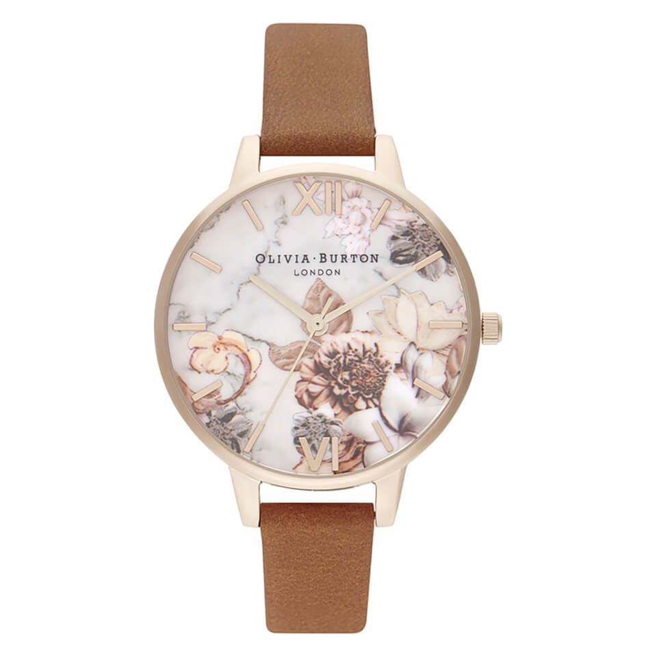 Olivia Burton Women's Marble Floral Watch - Honey Tan/Rose Gold