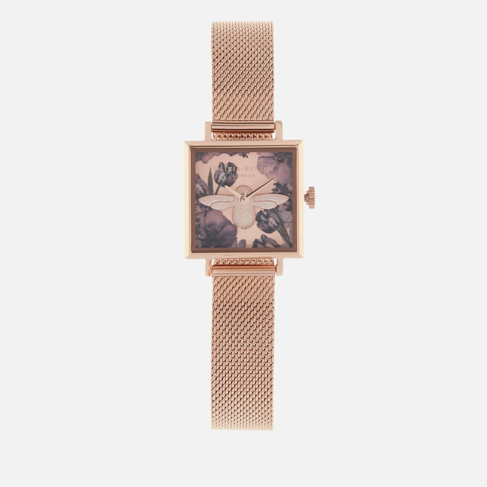 Olivia Burton Women's Exclusive Square Dial 3D Floral Mesh Watch - Rose Gold