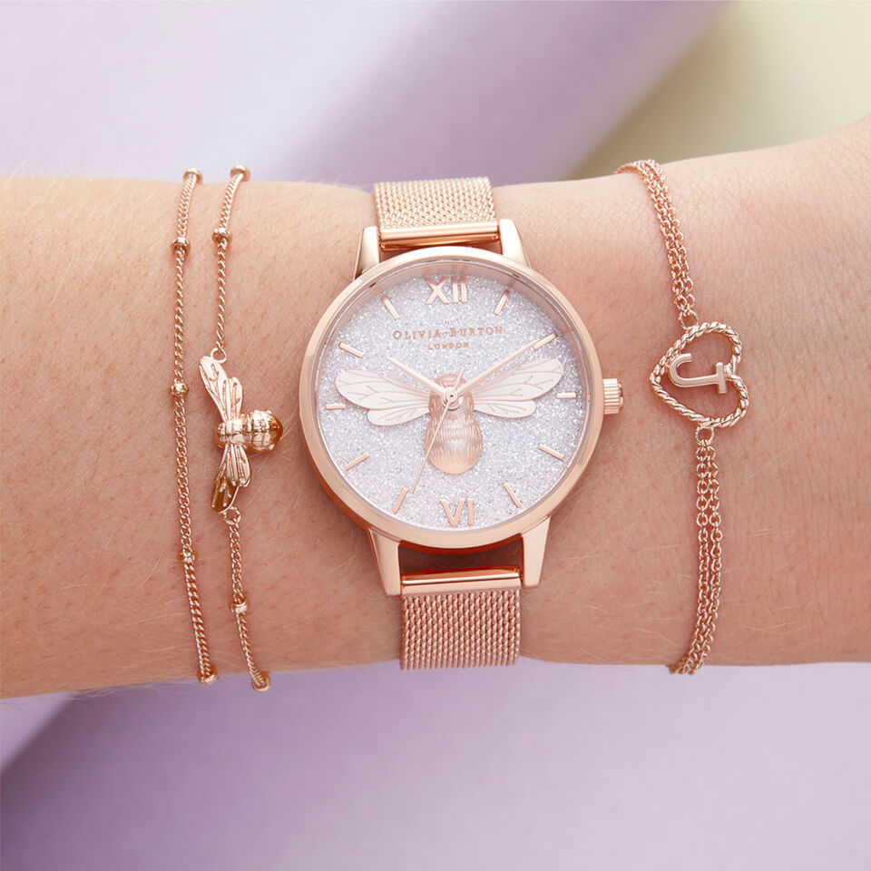 Olivia Burton Women s Glitter Dial Lucky Bee Watch Rose Gold Mesh