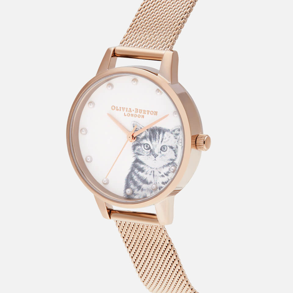 Olivia Burton Women's Illustrated Animals Pearly Kitten Watch - Rose Gold Mesh