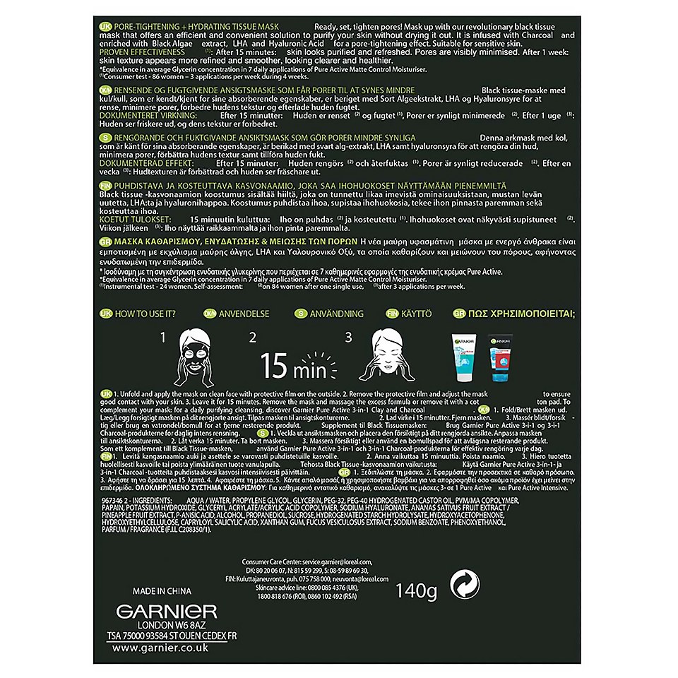 Garnier Charcoal and Algae Purifying and Hydrating Face Sheet Mask for Enlarged Pores (5 Pack)