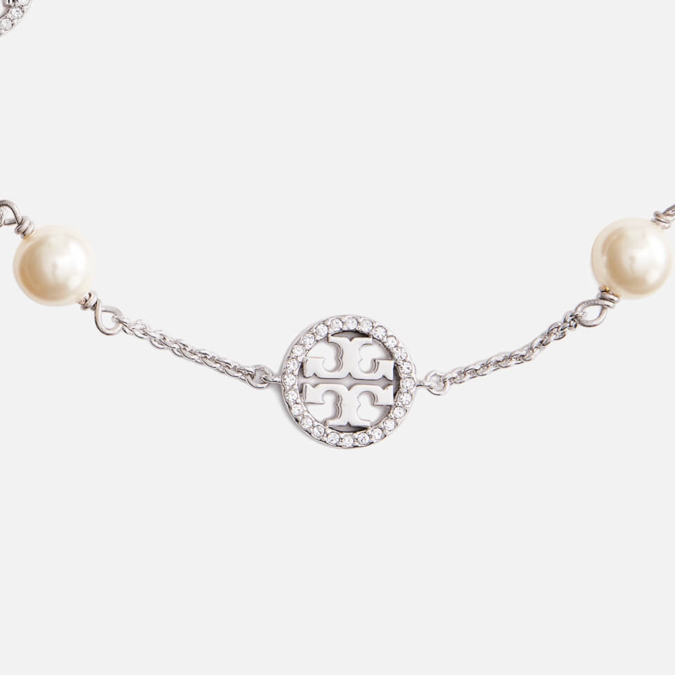 Tory Burch Women's Crystal Pearl Logo Bracelet - Silver/Crystal/Pearl
